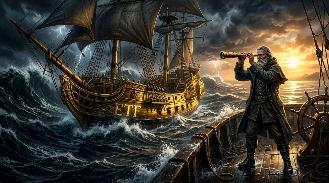 거친 파도가 몰아치는 바다 위에 떠 있는 황금 방주(ETF)와 노련한 선장 이미지