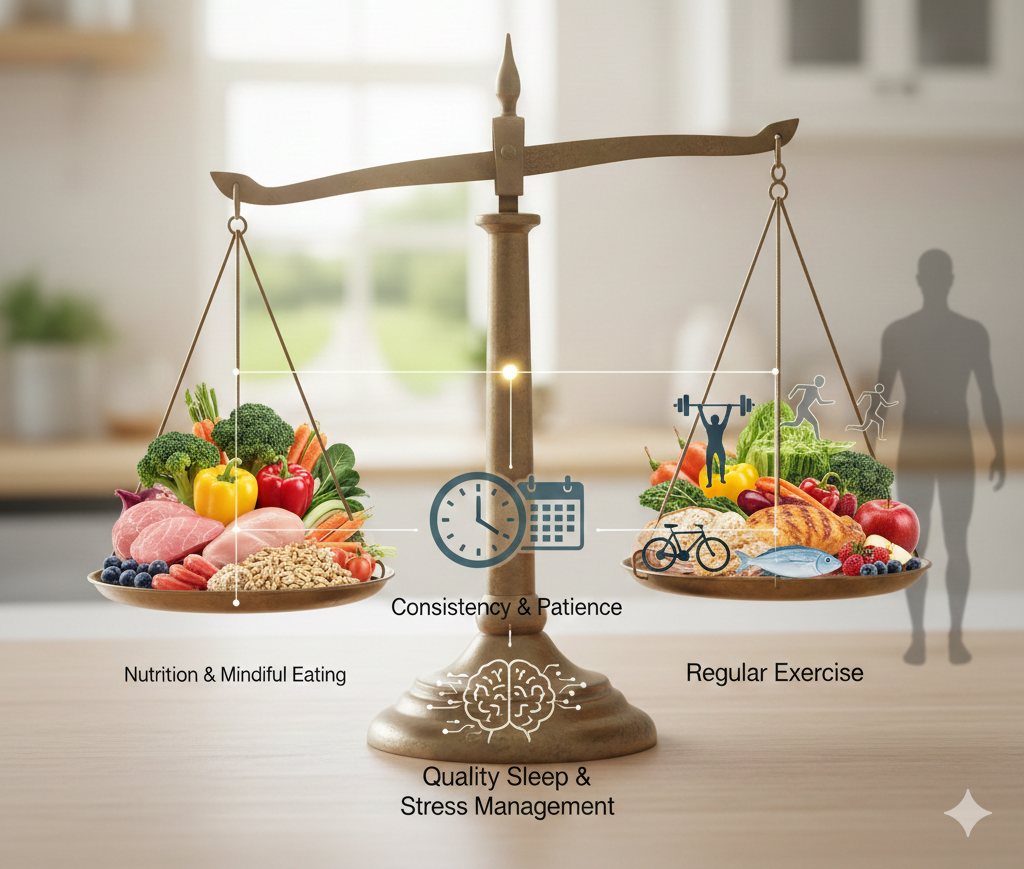 중년 체중 감량의 핵심 원리 정리 포스터