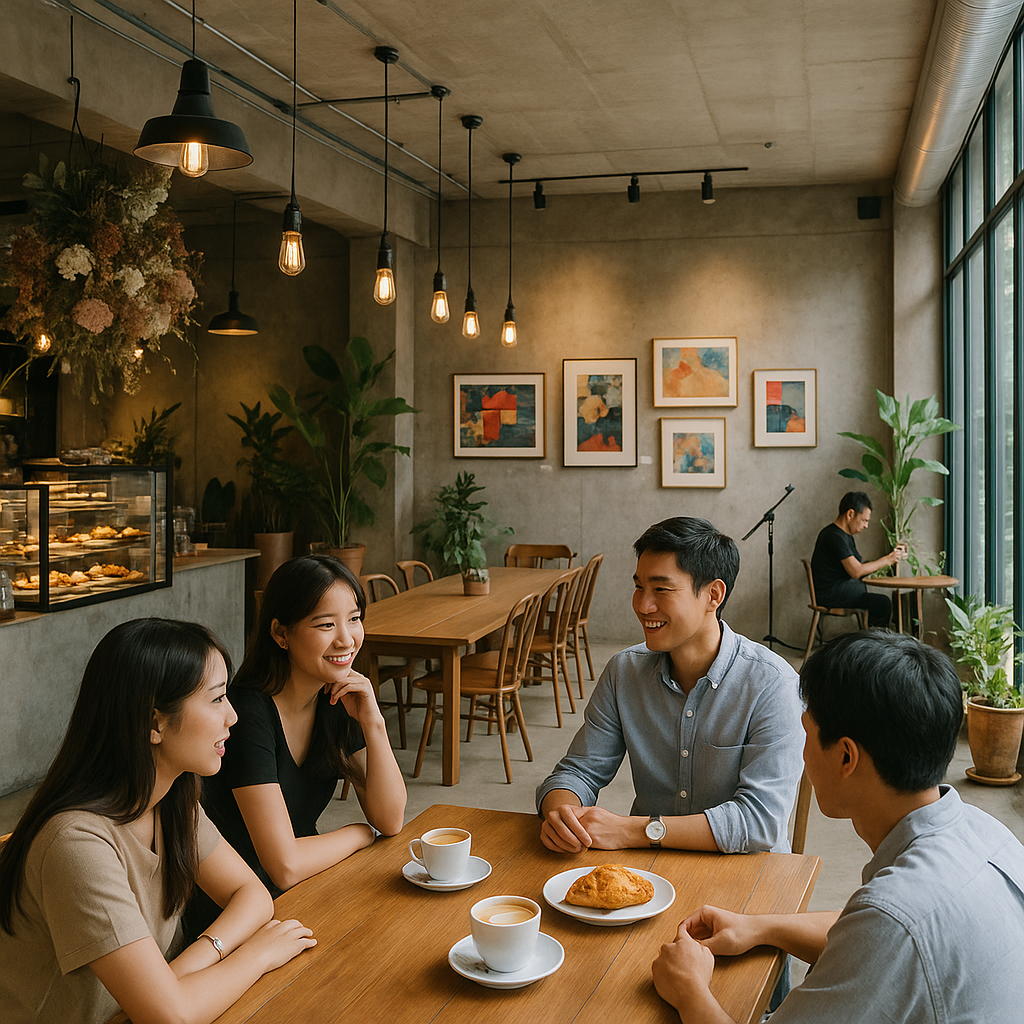 넓은 통유리 창 너머 자연광이 비추는 콘크리트 벽 실내에서 친구 넷이 목재 테이블에 앉아 커피와 크루아상을 나누며 담소를 나누는 모습