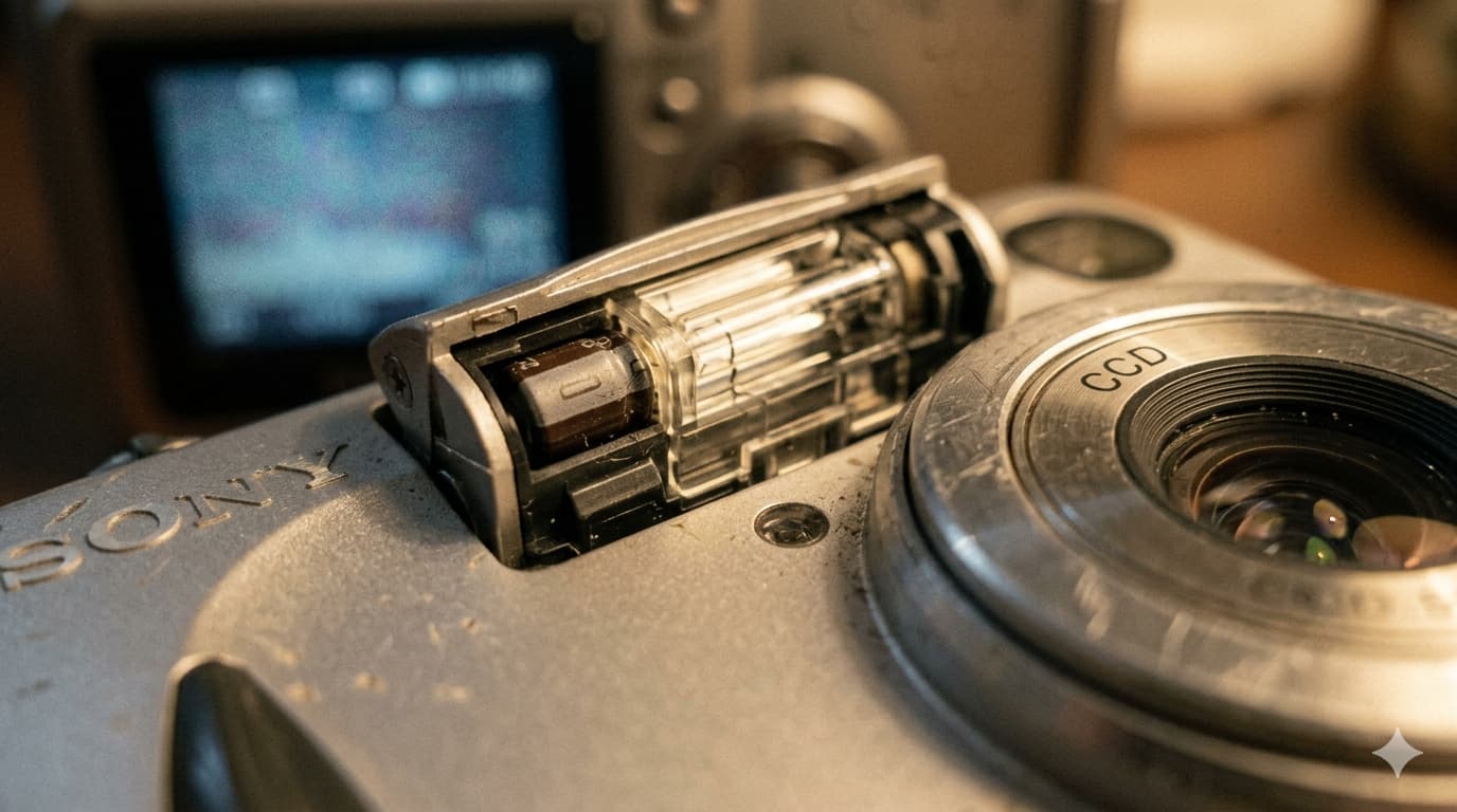 소니 사이버샷 빈티지 디카의 내장 플래시와 렌즈 부분을 근접 촬영한 사진. 금속 재질의 바디 스크래치와 CCD 센서 마크가 돋보이는 올드 디카 하드웨어 디테일.