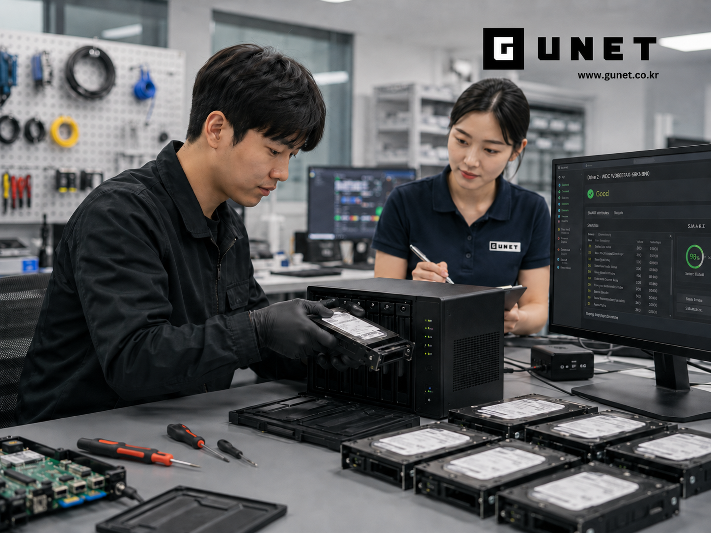 분당 판교 NAS 복구 과정에서 RAID 재구성 전 디스크 순서와 상태를 확인하는 장면