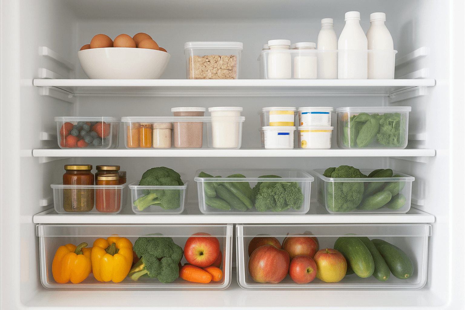 냉장고에 구역이 나눠져서 정리된 모습