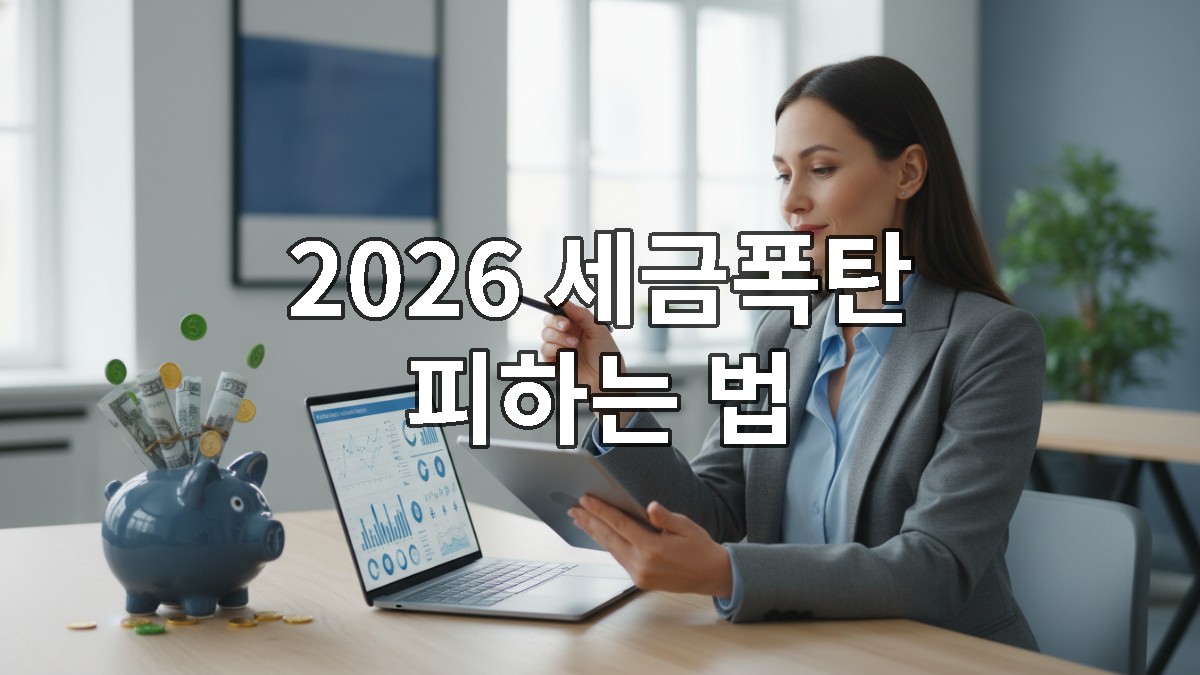 2026년 개정 세법을 확인하며 노트북 앞에서 서류를 검토하는 젊은 직장인의 모습, 절세로 쌓인 돈을 상징하는 저금통이 옆에 있다.