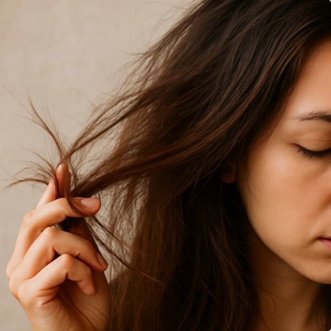 거울 앞에서 모발 끝을 살펴보는 여성의 모습, 자연광이 비치는 차분한 분위기
