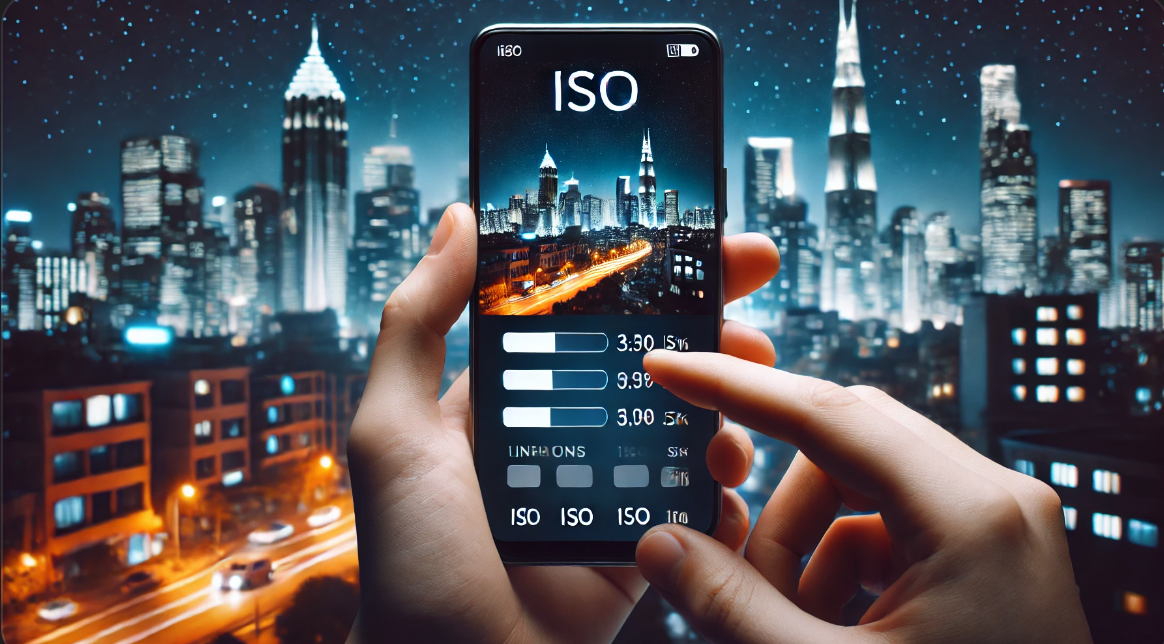 야간 도시 배경을 가진 카메라 앱에서 ISO 설정을 조정하는 손