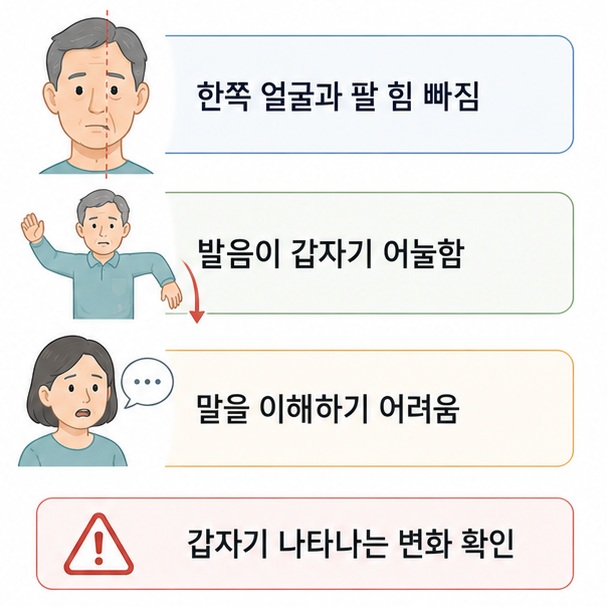 한쪽 얼굴이 처지고 한쪽 팔에 힘이 빠지거나 갑자기 말이 어눌해지는 변화가 뇌졸중의 중요한 조기증상임을 보여 주는 그림