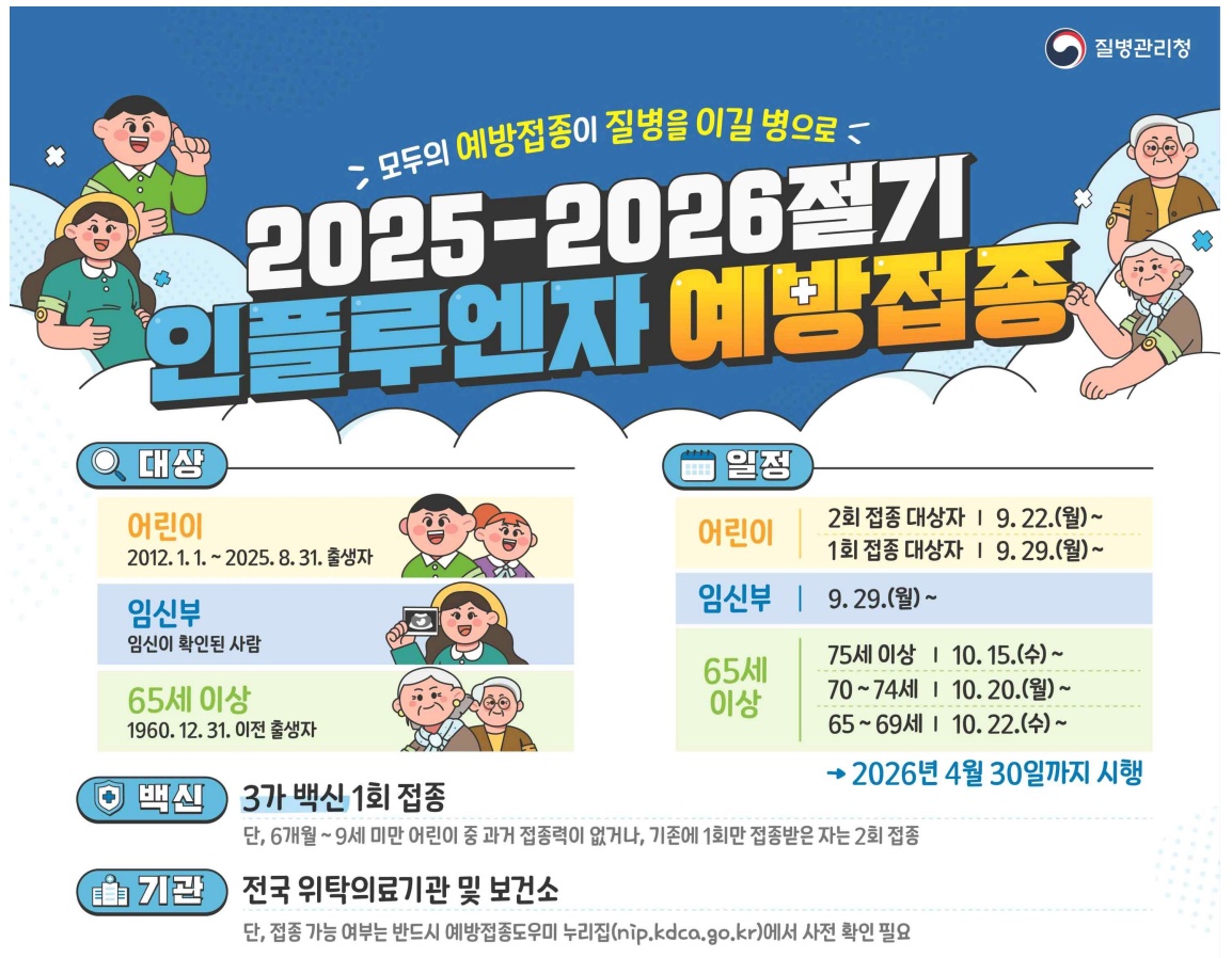 인플루엔자 예방접종 무료 대상자를 안내하는 포스터