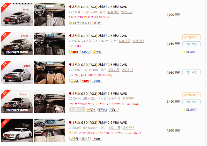 제네시스 G80 중고차 가격 시세표 24년10월