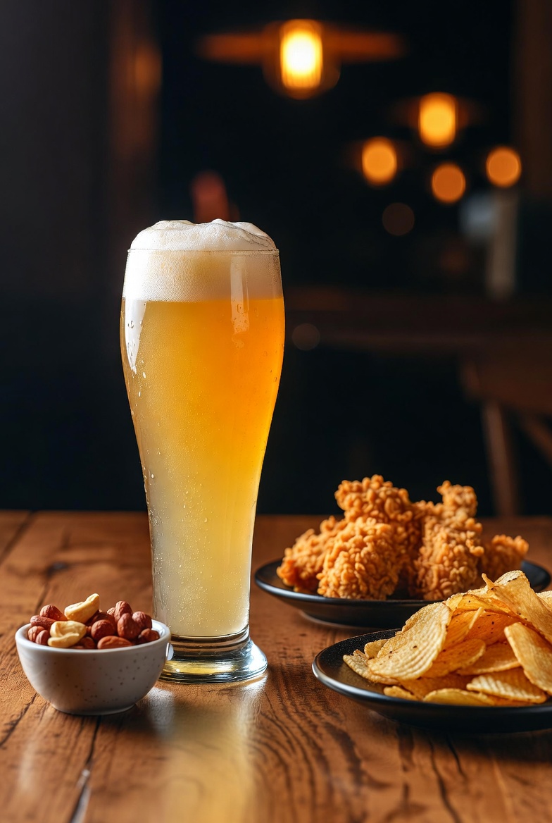 시원하게 거품이 올라온 맥주 잔과 다양한 안주들이 차려진 테이블 사진입니다.