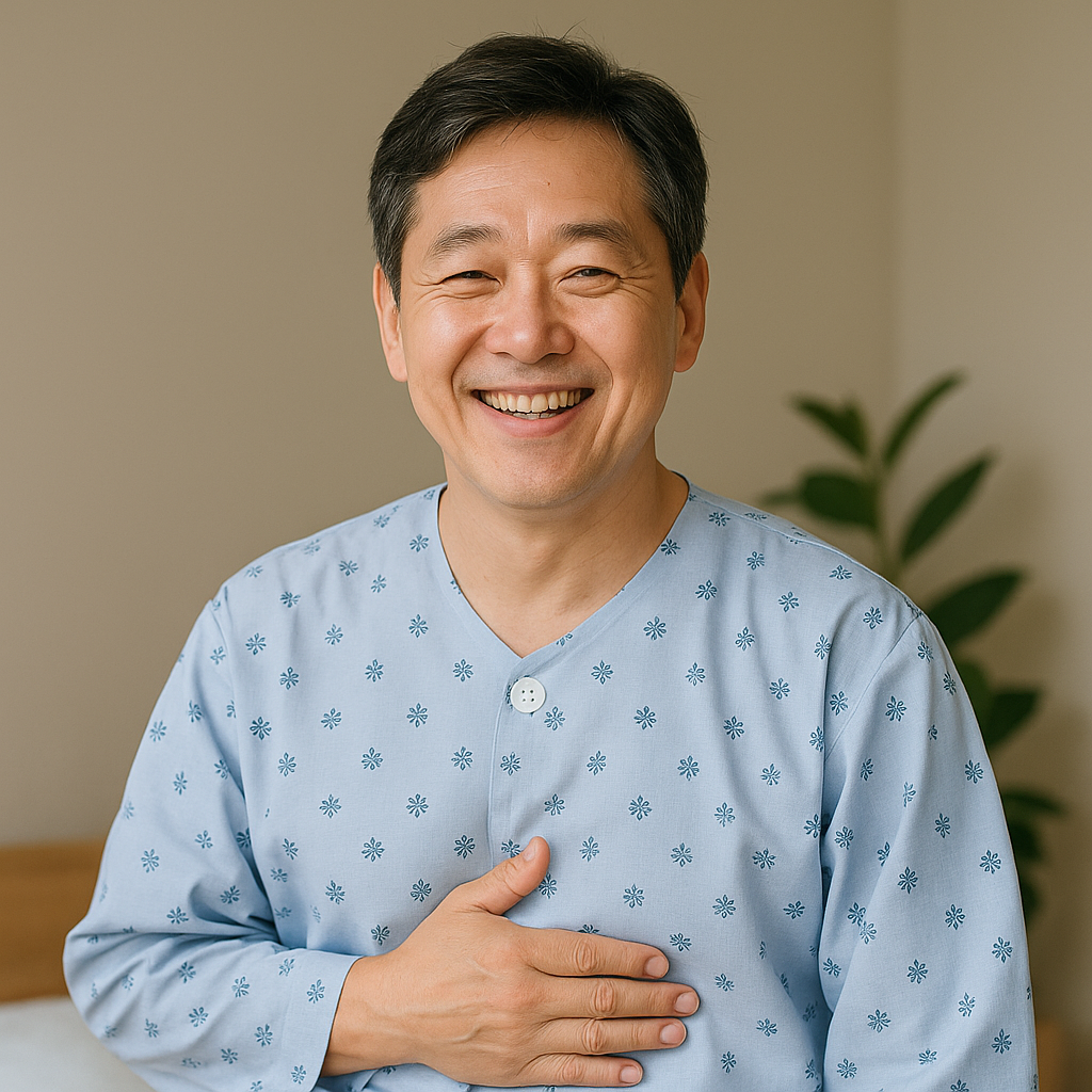 췌장염 회복기간에 밝은 표정으로 병원복을 입고 손을 가슴에 올린 중년 한국 남성