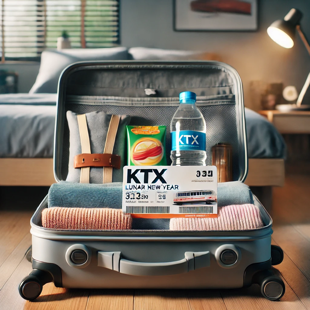 설날 기차 여행을 위해 짐을 싸는 모습