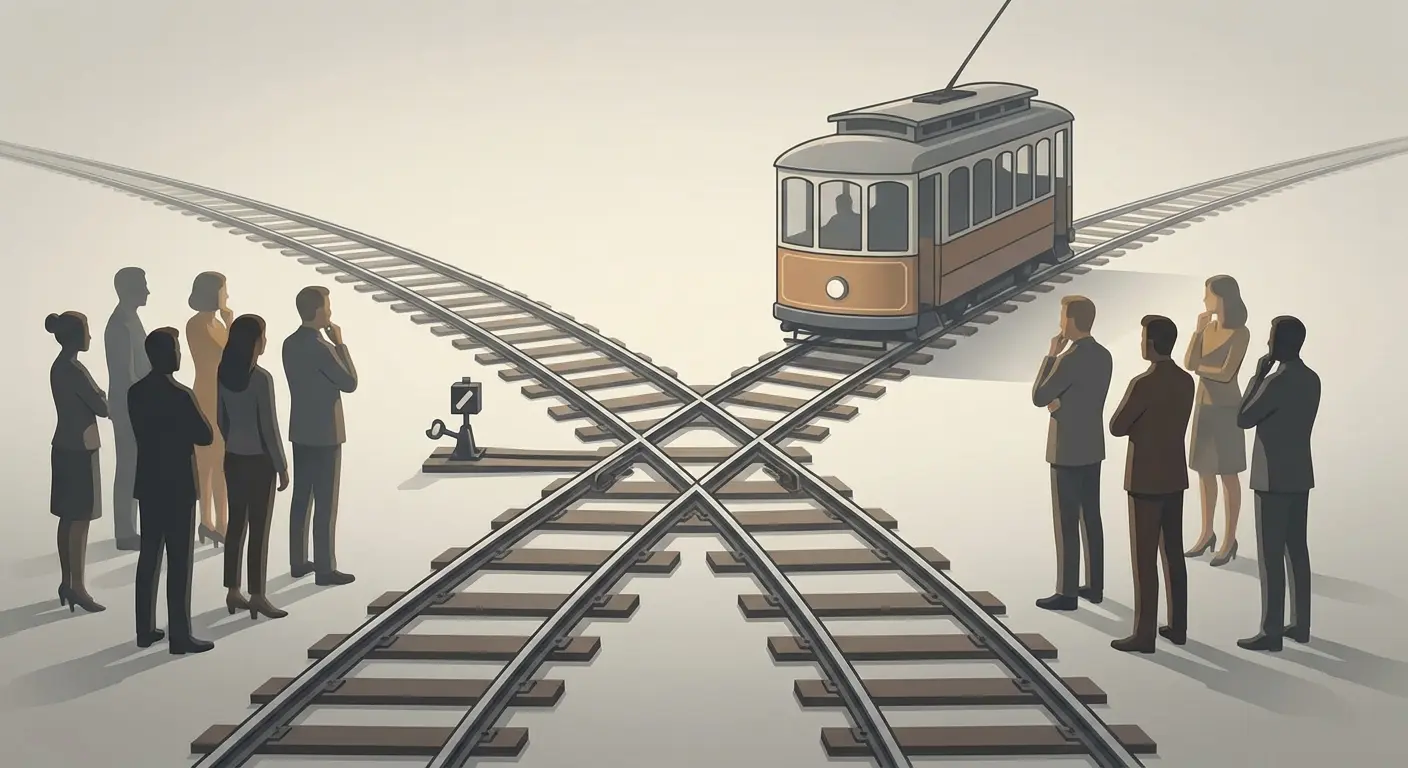 An illustration showing different genders interpreting the trolley problem through different perspectives
