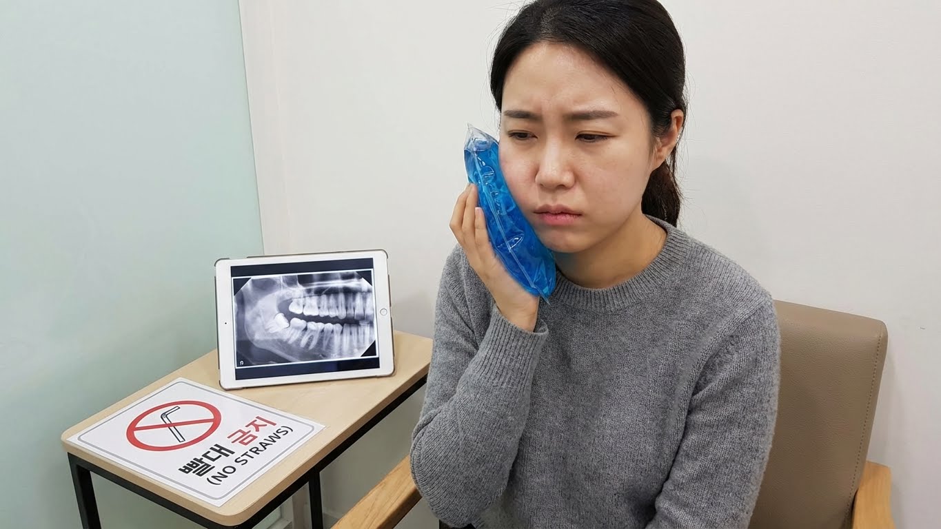 한국인 환자가 한쪽 볼에 얼음찜질 팩을 대고 찡그리며 앉아 있는 모습.