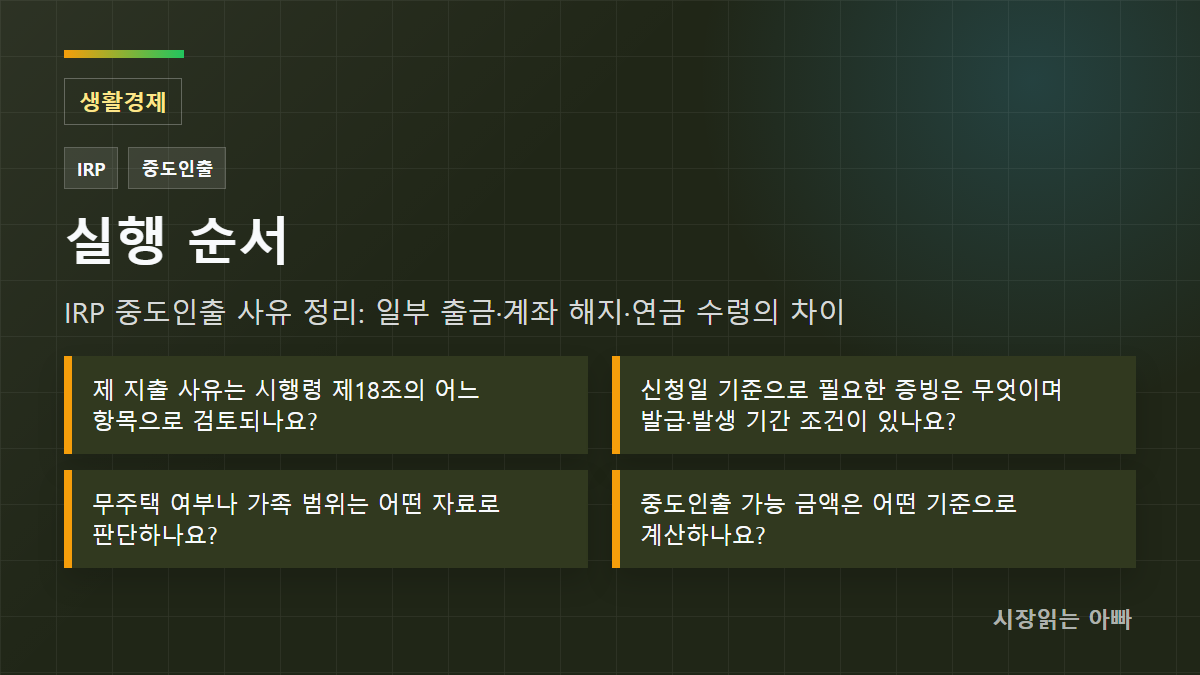 IRP 중도인출 사유 정리: 일부 출금·계좌 해지·연금 수령의 차이 실행 순서: 제 지출 사유는 시행령 제18조의 어느 항목으로 검토되나요?; 신청일 기준으로 필요한 증빙은 무엇이며 발급·발생 기간 조건이 있나요?; 무주택 여부나 가족 범위는 어떤 자료로 판단하나요?