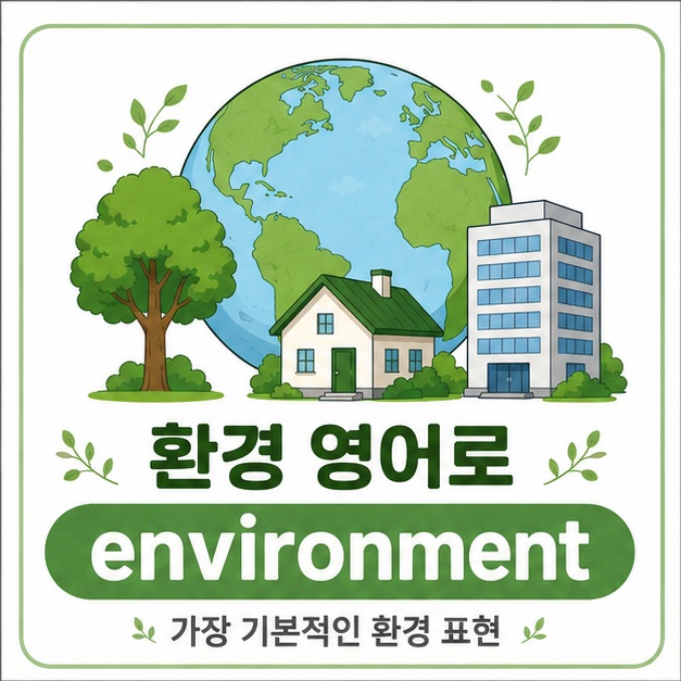 지구와 나무, 집과 회사 건물을 함께 표현해 환경 영어로 가장 기본적인 단어가 environment임을 보여 주는 그림
