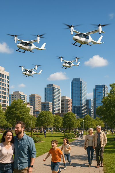 UAM 여러 대가 활기찬 지방 도시의 스카이라인 위를 비행하는 모습. 아래에는 현대적인 건물과 녹지 공간, 그리고 행복하게 생활하는 사람들이 어우러져 밝고 희망찬 미래 도시의 이미지