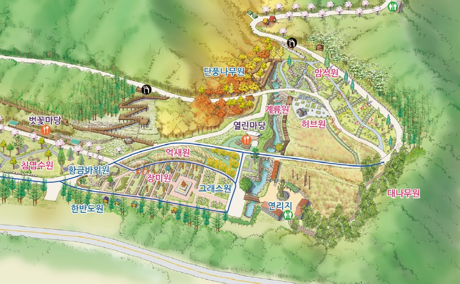단풍나무원, 연리지, 황금바위원, 한반도원