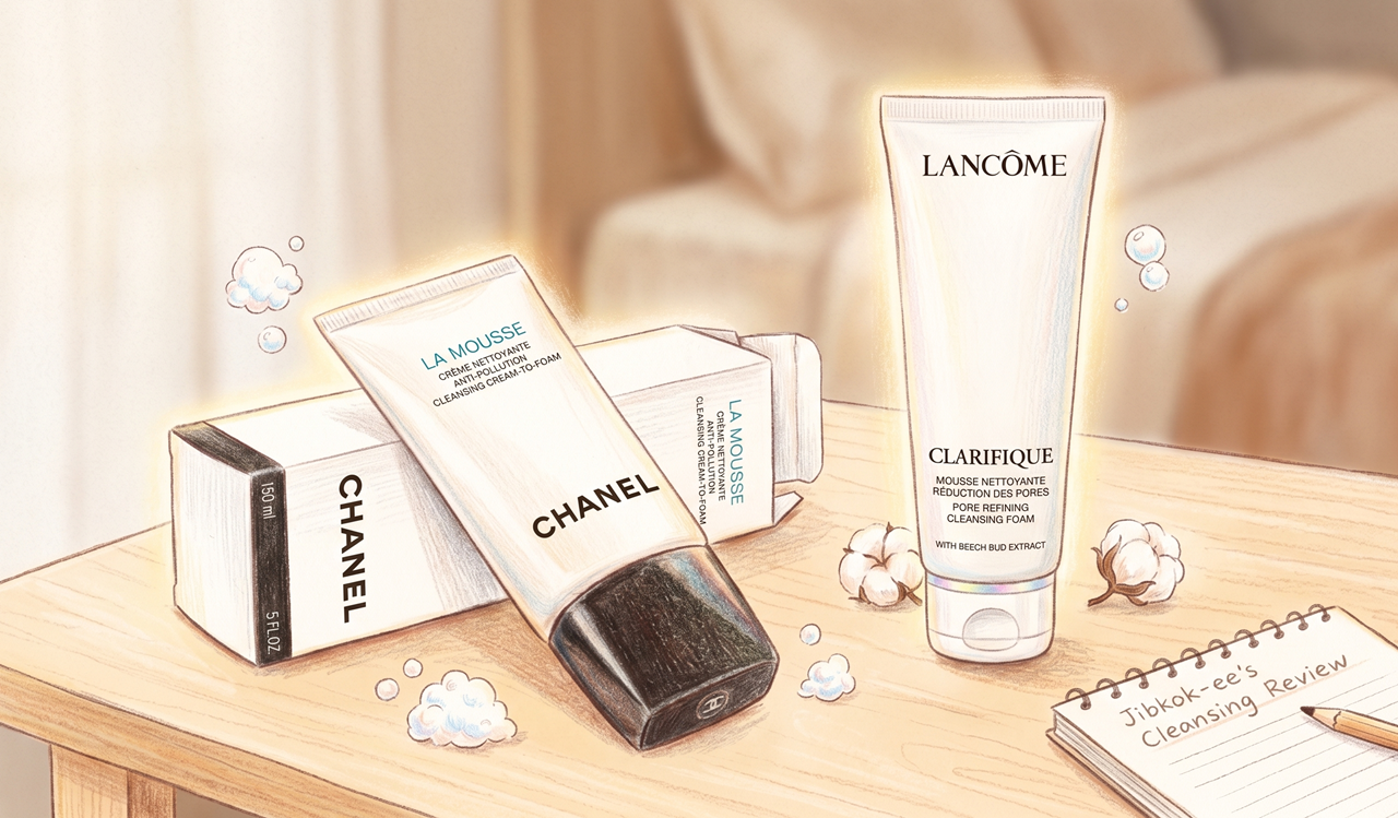 블로거 집콕이가 직접 그린 샤넬과 랑콤 클렌징 폼 색연필 일러스트(Color pencil drawing of luxury cleansing foam by blogger Jipkok)