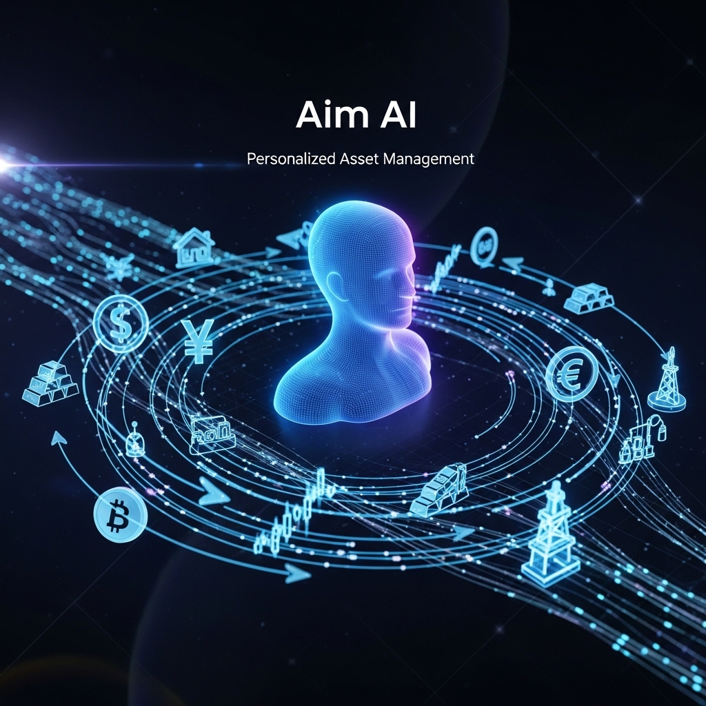 에임 AI의 개인 맞춤형 자산 관리를 시각화한 그래픽. 글로벌 자산 기호와 데이터 흐름이 사람의 프로필을 감싸는 미래지향적인 이미지.