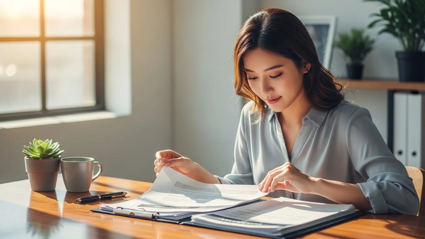 책상에서 보험 약관 서류를 꼼꼼히 확인하는 이미지
