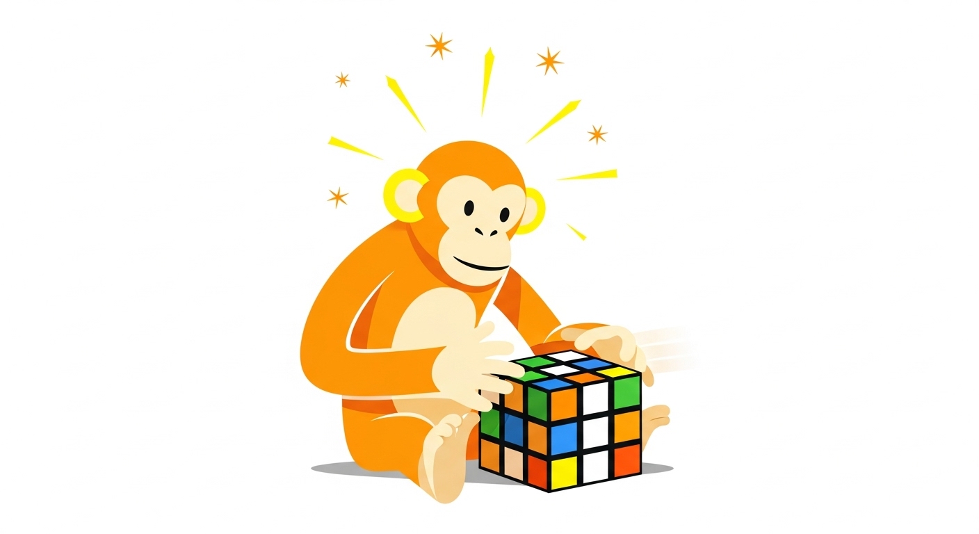 큐브를 순식간에 맞추며 천재적인 재치와 해결 능력을 보여주는 원숭이 캐릭터 일러스트