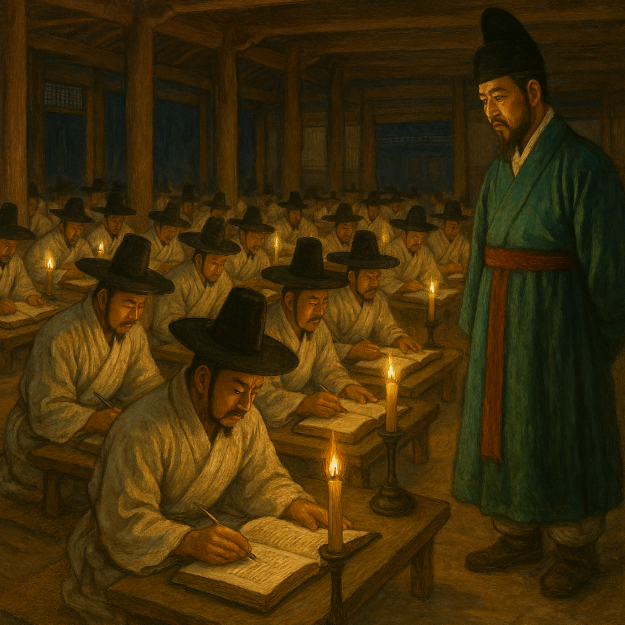 책을 읽는 선비들과 이를 지켜보는 왕