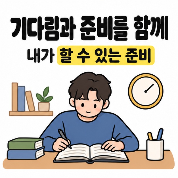 기다림과 준비를 함께라는 문구 아래 한 사람이 책상에서 공부하고 벽에 숫자 없는 시계가 걸린 장면