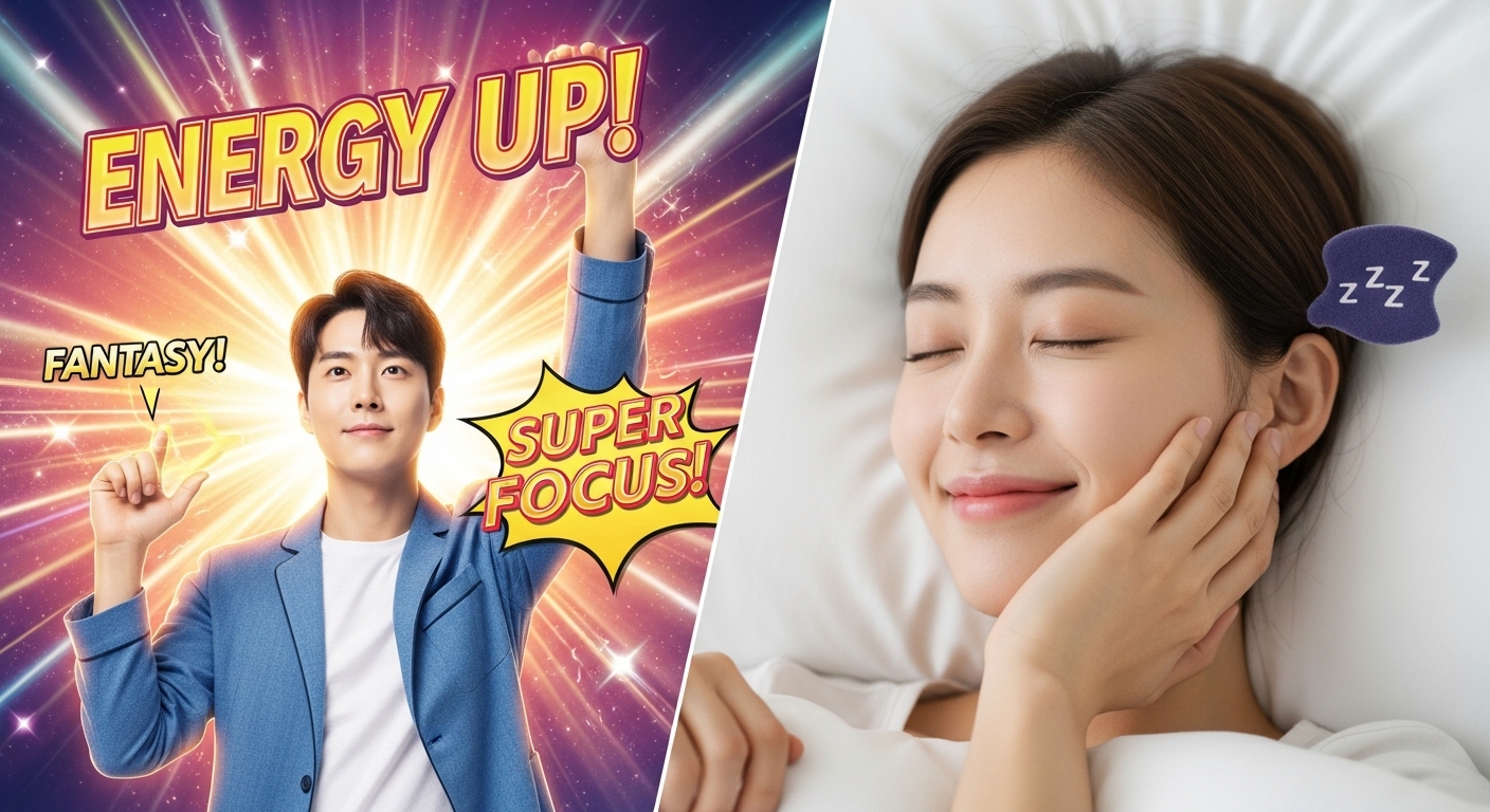 영양제 광고 속 과장된 효과와 섭취 후 현실적인 만족감을 대비시킨 이미지