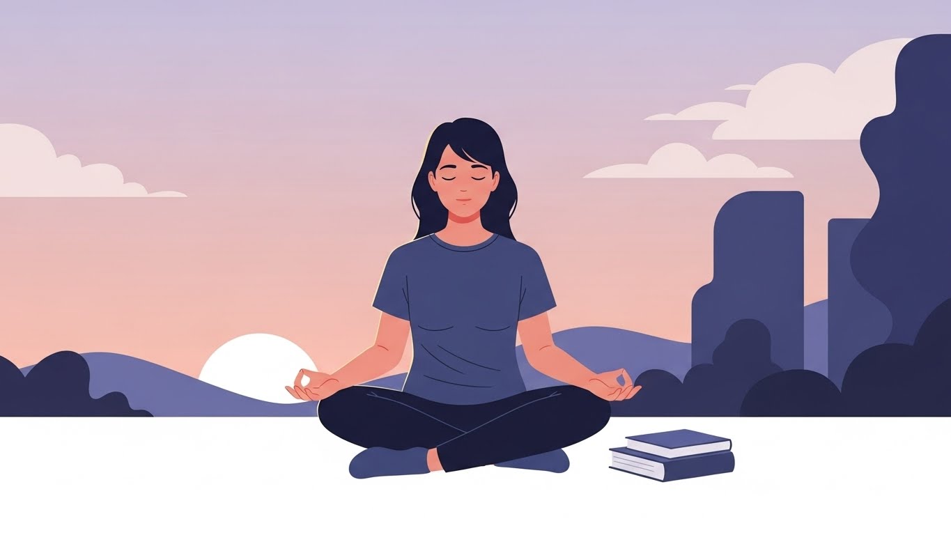Person meditating in the evening to reduce stress and calm the mind, improving overall sleep quality.