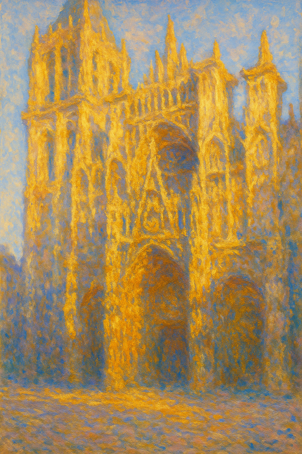 고딕 대성당 외관, 아침 햇살, 모네 루앙 대성당 스타일, 시간대별 빛의 변화