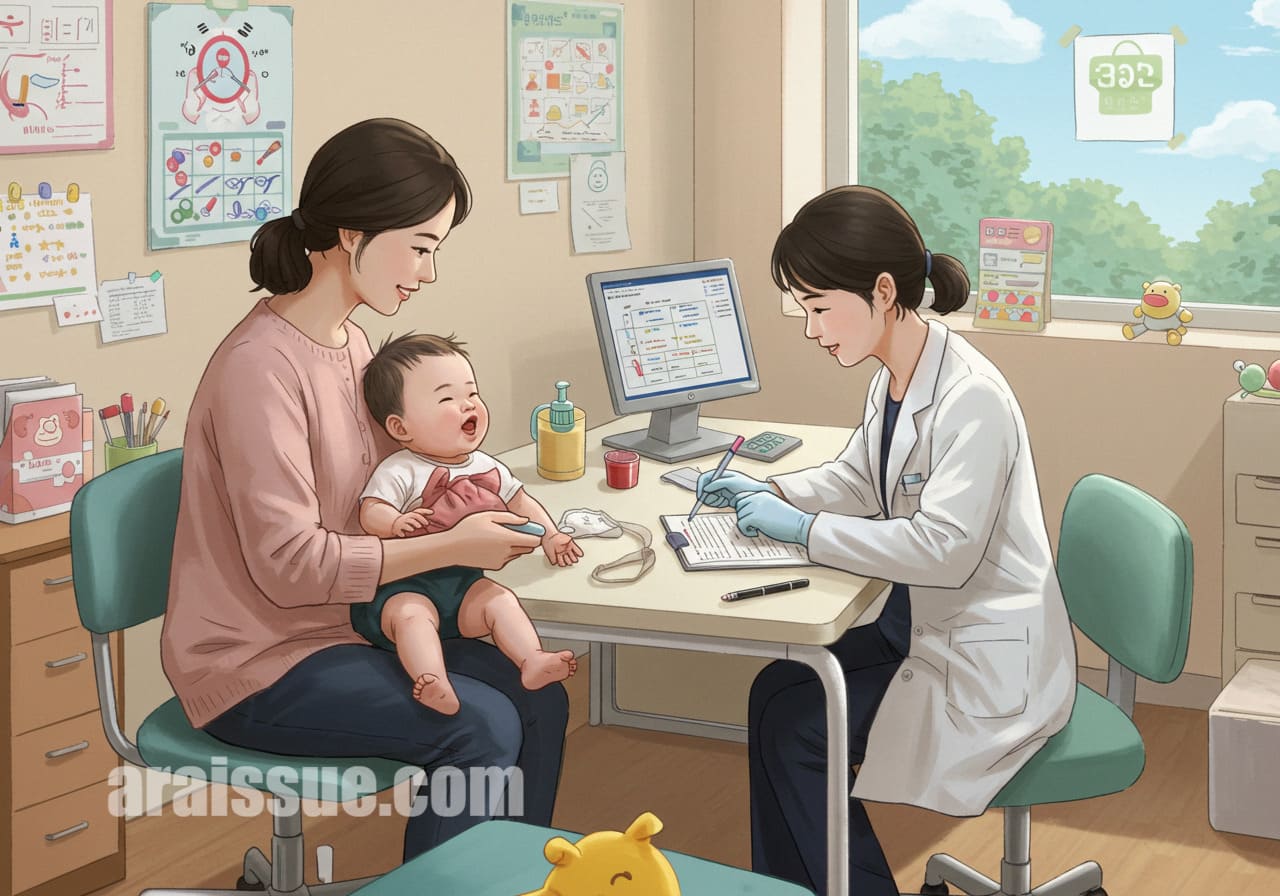 한국인 어머니와 아기가 병원에서 건강검진을 받는 장면.