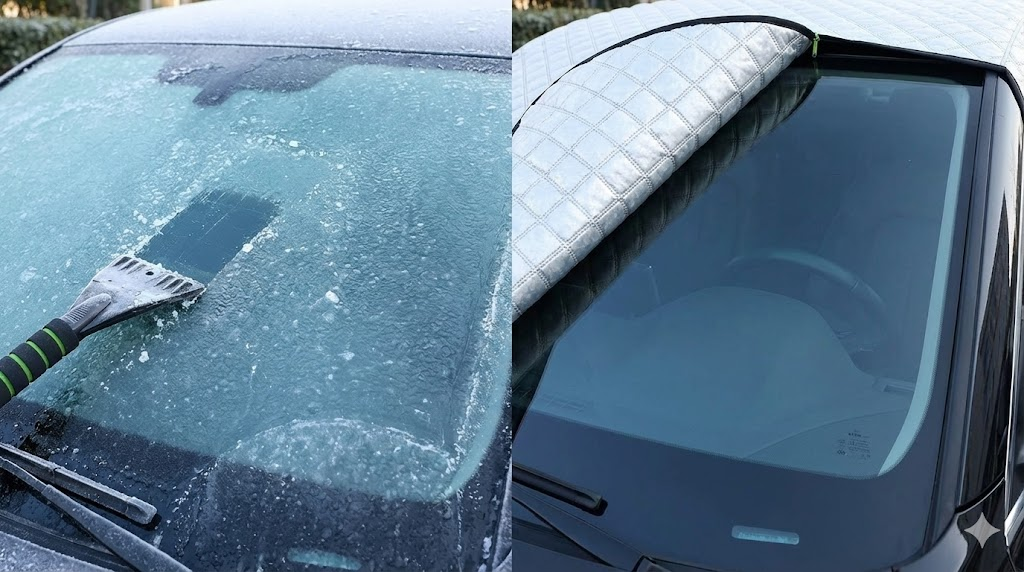 꽁꽁 언 유리와 커버를 걷어낸 직후의 깨끗한 유리를 반반 비교하여 제품의 탁월한 성에 방지 효과를 극적으로 증명합니다.