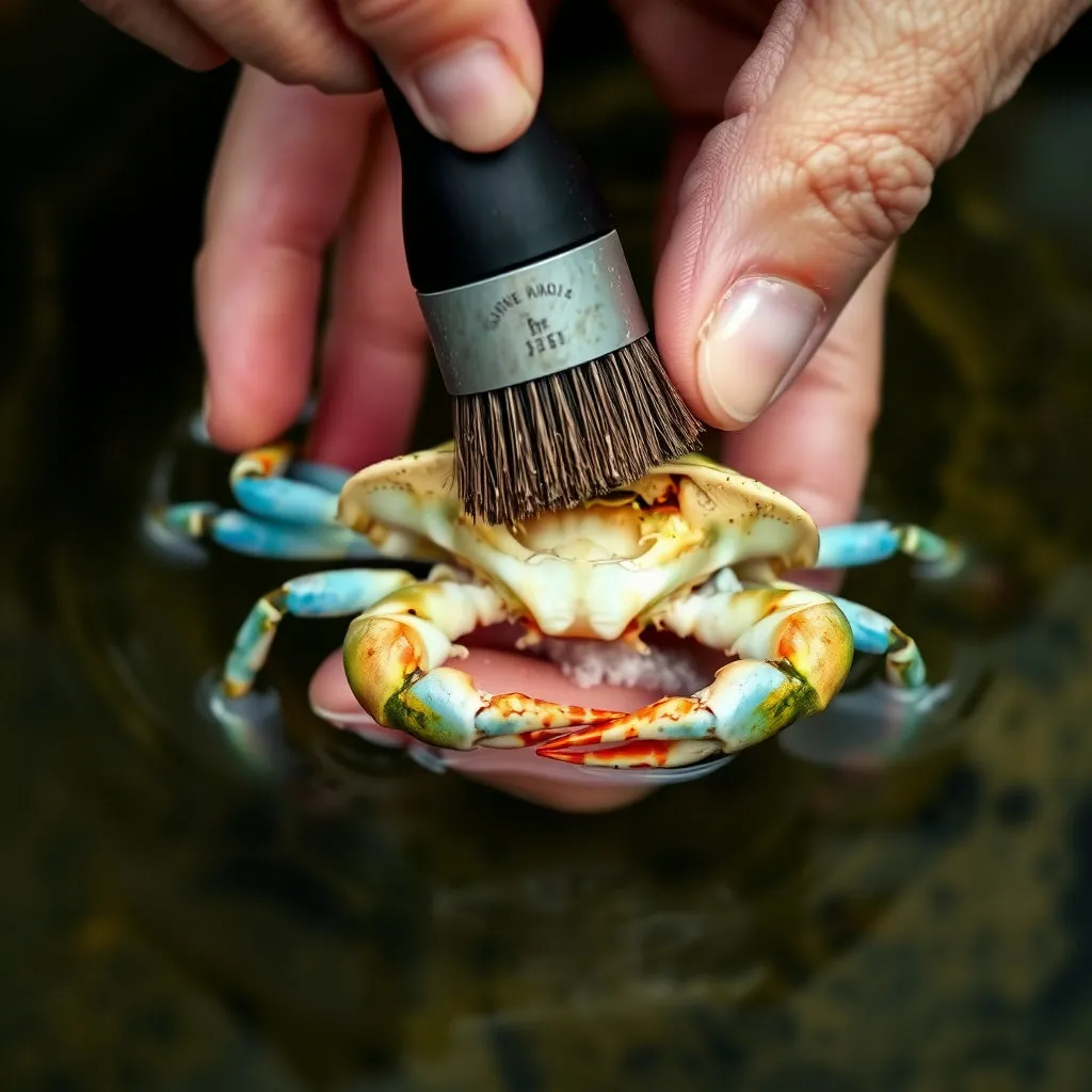 흐르는 물에 솔을 이용해 꽃게의 배와 다리 사이사이, 그리고 딱지 구석구석을 깨끗하게 문질러 닦는 손의 클로즈업 이미지입니다. 시원하게 물이 흐르는 수도꼭지와 깨끗하게 닦이는 꽃게가 초점입니다.