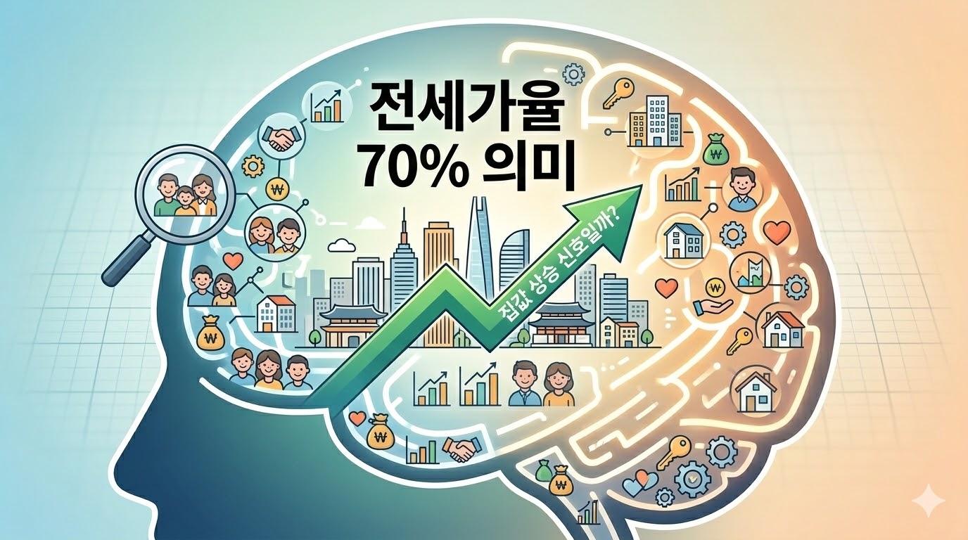 사람의 뇌 구조 속에 도시, 집, 화살표 그래프가 그려진 일러스트와 함께 '전세가율 70% 의미 - 집값 상승 신호일까?'라는 문구가 적힌 블로그 썸네일 이미지