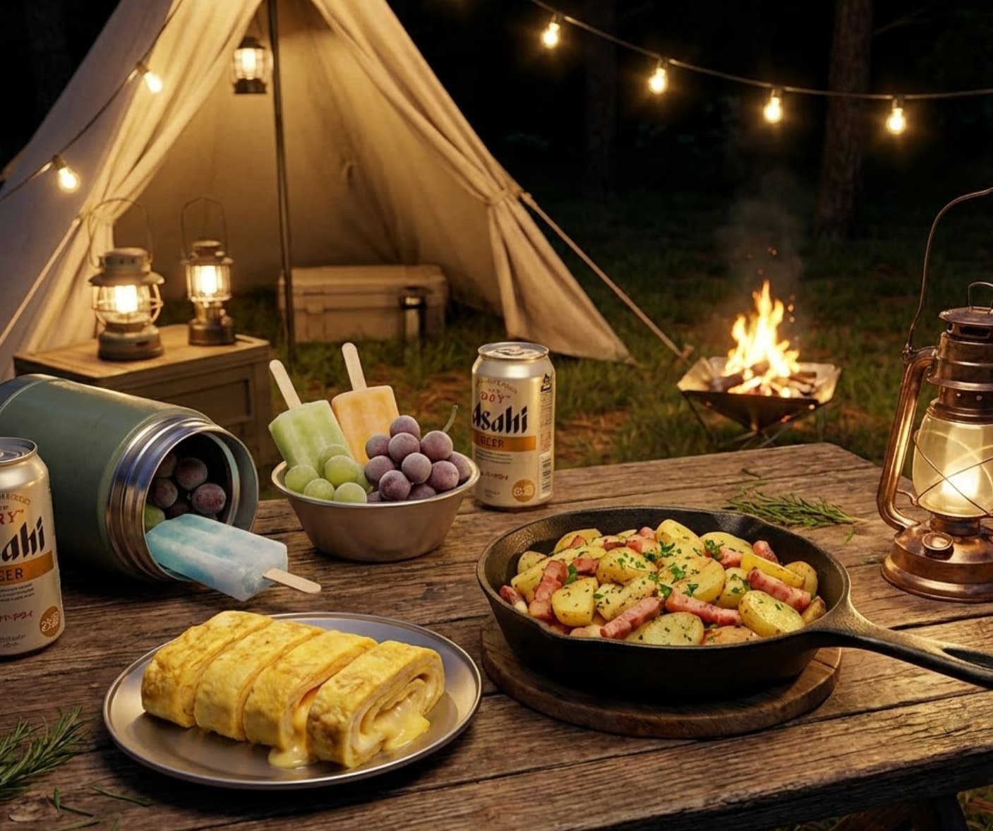 여름밤 캠핑요리로 좋은 감자 베이컨 볶음과 치즈 계란말이, 아이스바와 과일 샤베트