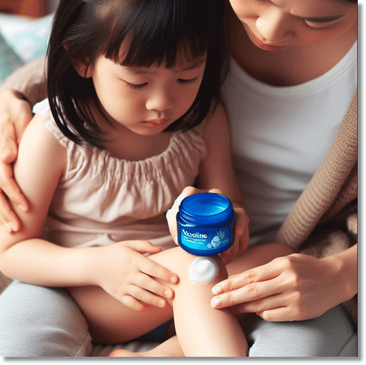 바세린 효능 가벼운 상처 치유 촉진, 무릎까진 어린이 무릎에 바세린 제품 바르는 엄마 사진