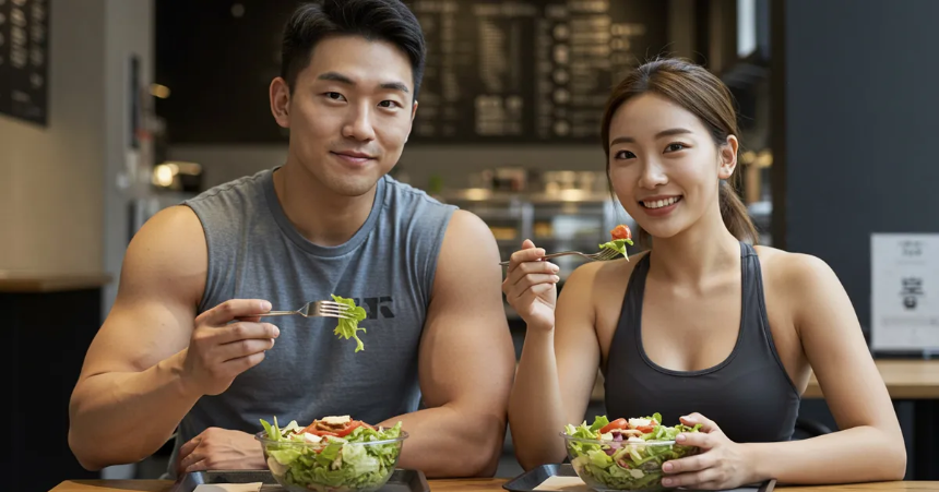 헬시카페에서 샐러드 식단을 하고있는 남녀커플 이미지