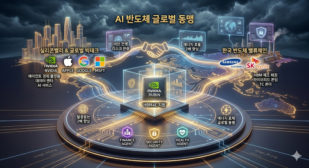 GTC 2026에서 공개된 엔비디아 루빈(Rubin) 슈퍼칩과 옴니버스, 젯슨 플랫폼이 이란 전쟁 위기 속에서도 황금빛으로 빛나며 글로벌 스마트 공장, 자율주행 모빌리티, 초개인화된 금융 및 의료 에이전트 서비스와 유기적으로 연결되어 데이터를 주고받는 '에이전트 경제(Agent Economy)' 생태계 전경 시각화. 차가운 기술이 아닌, 신뢰와 연결, 풍요로움을 강조하는 따뜻하고 세련된 그래픽 스타일로 구현