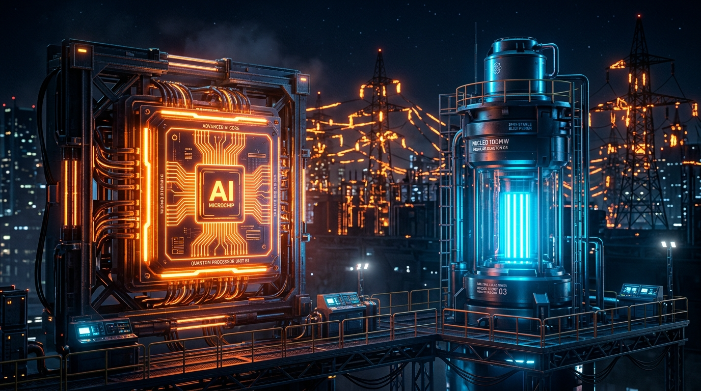 거대한 AI 칩 뒤로 불타오르는 전신주와 차세대 원자로(SMR)가 푸른 빛을 내뿜는 강렬한 그래픽