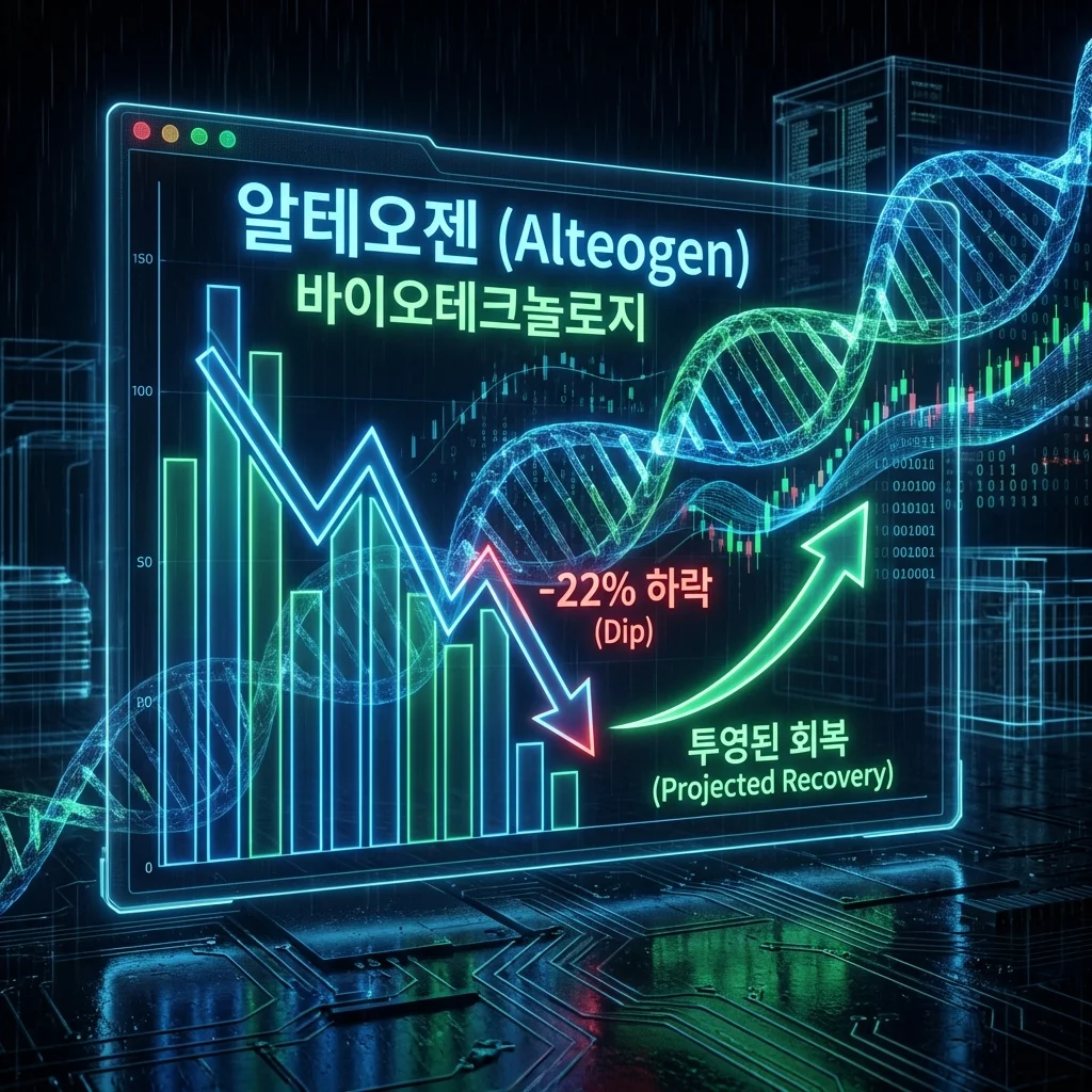 알테오젠의 최근 주가 급락 차트와 반등 전망을 시각화한 금융 분석 이미지, 바이오 기술을 상징하는 DNA 구조가 배경에 결합됨