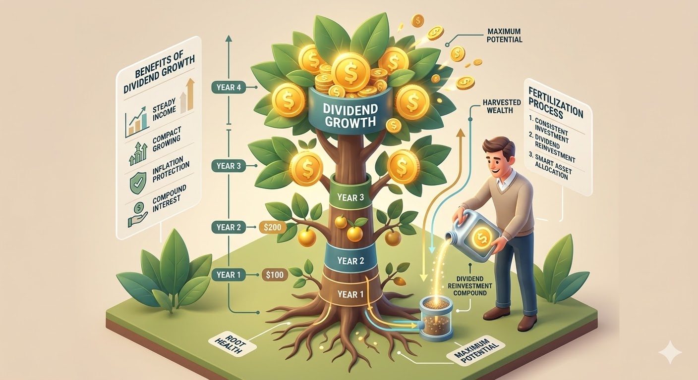 'Dividend Growth'라는 비료를 주자 나무가 자라며 매년 더 큰 황금 열매가 열리는 과정을 보여주는 인포그래픽형 3D 일러스트