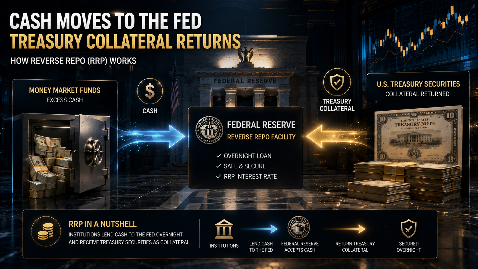 Reverse Repo RRP mechanism showing financial institutions sending cash to the Federal Reserve and receiving Treasury collateral