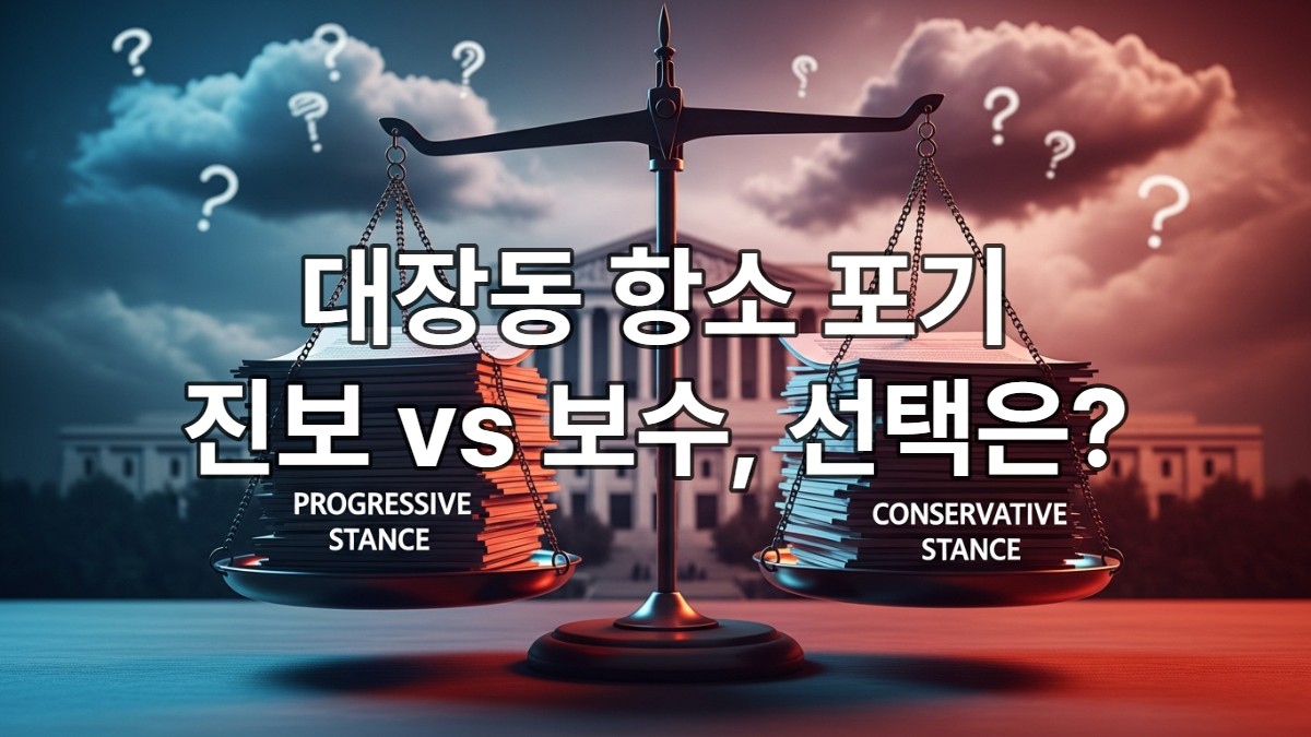 대장동 사건 검찰 항소 포기에 대한 진보와 보수 진영의 갈등, 사법 시스템에 대한 국민적 의문을 상징하는 균형이 깨진 저울과 법원 건물의 모습.