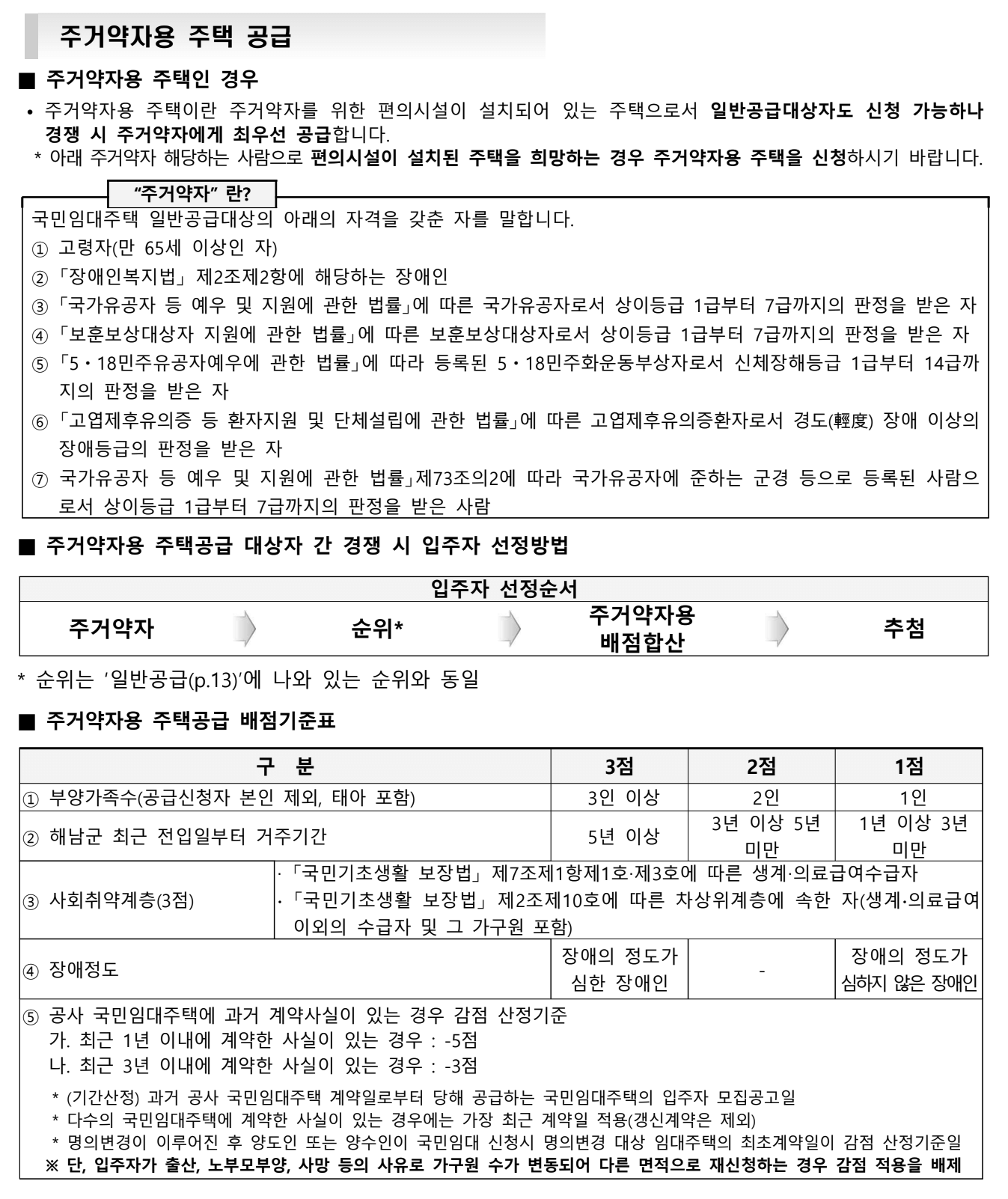 주거약자용 주택 선정방법 및 배점기준표