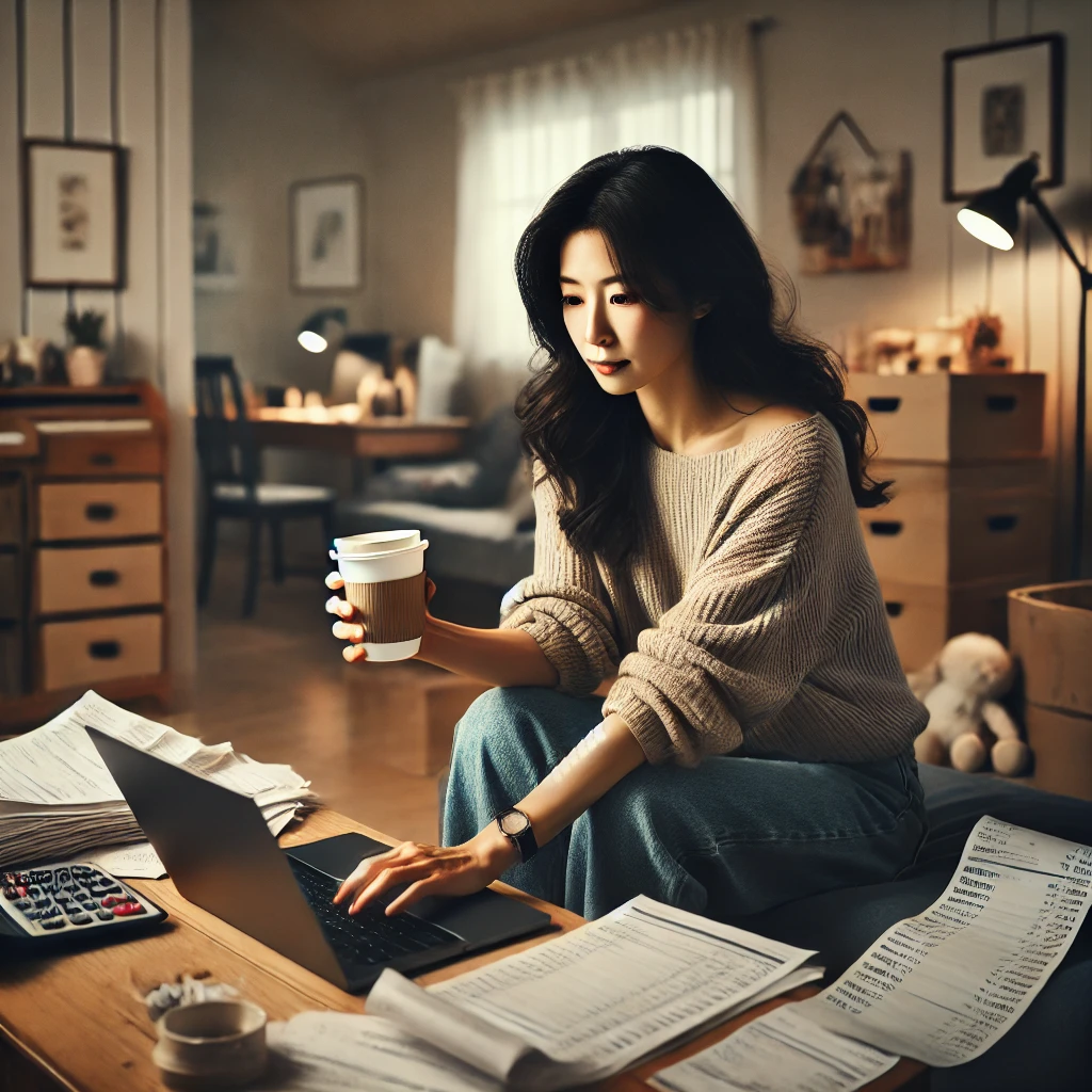 이 사진은 따스한 집에서 연말정산 관련 서류를 정리하는 30대 한국 엄마의 모습입니다.