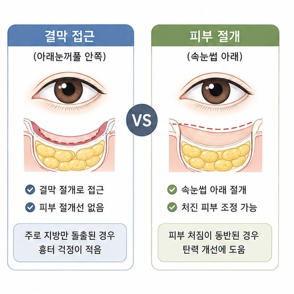 아래눈꺼풀 안쪽의 결막 절개와 속눈썹 아래 피부 절개 방식의 차이를 비교하는 그림