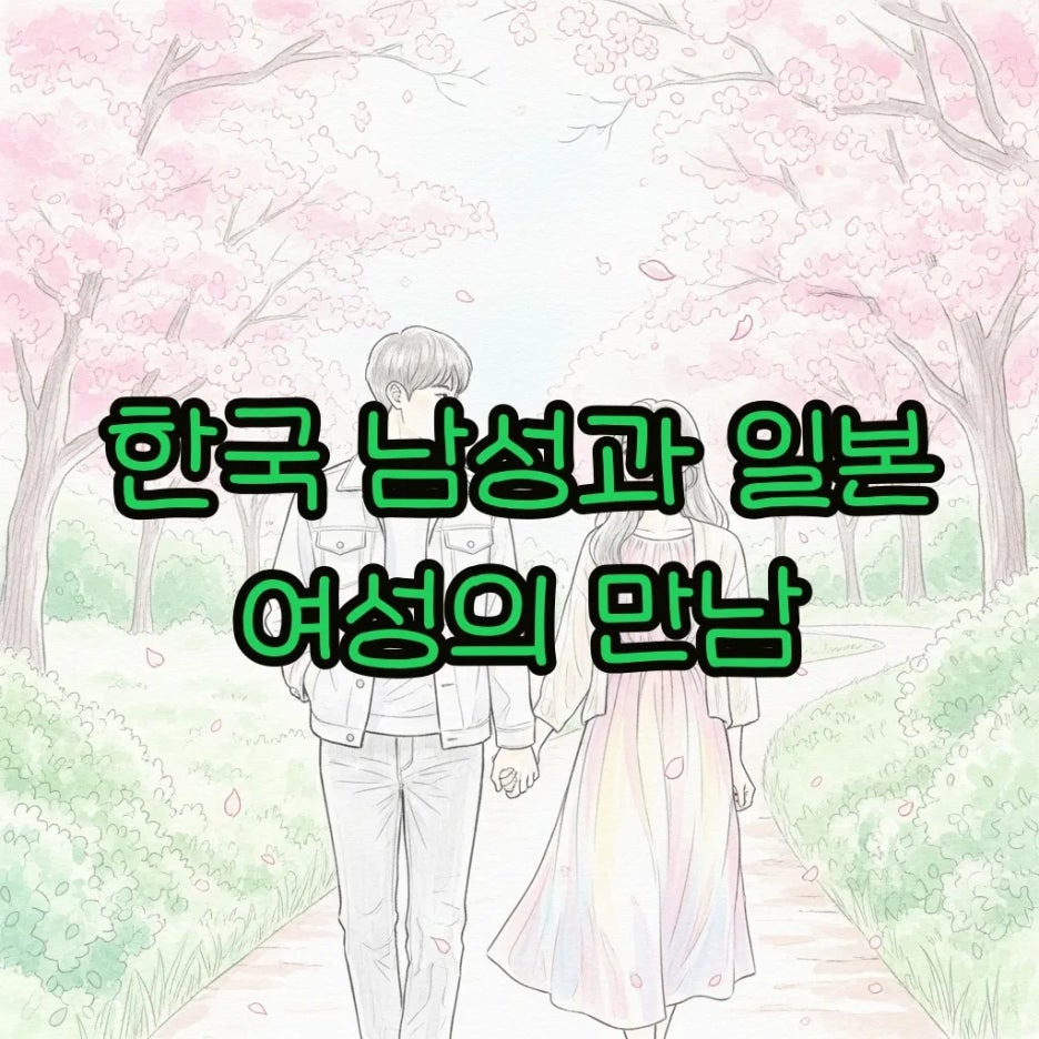 벚꽃 아래에서 한국 남성과 일본 여성이 걷는 수채화 풍경
