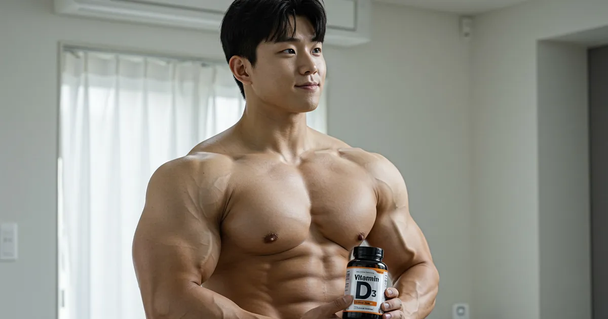 한국인 보디빌더가 비타민 D3 영양제를 들고 있는 사진