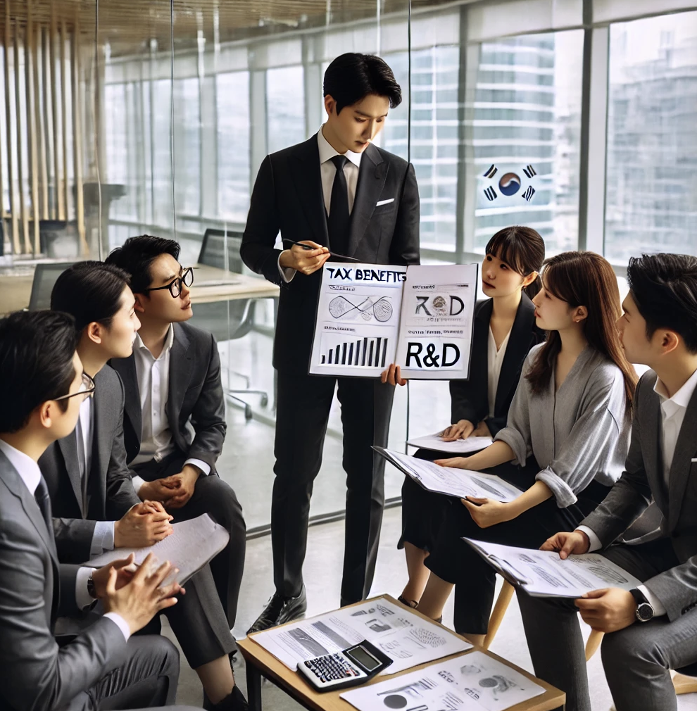직원들이 연구·개발비 세액공제 보고서를 검토하며 그래프와 차트를 분석하는 장면