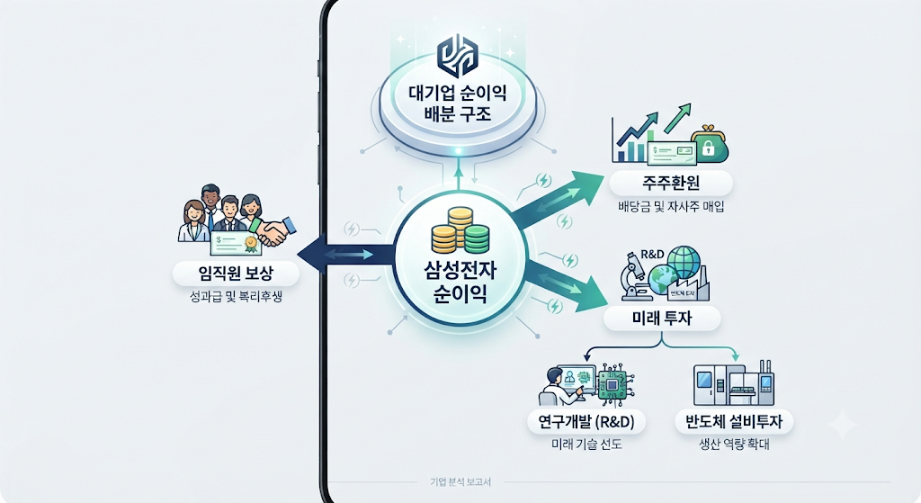 삼성전자의 이익이 직원 보상 주주환원 미래 투자로 배분되는 구조를 보여주는 다이어그램